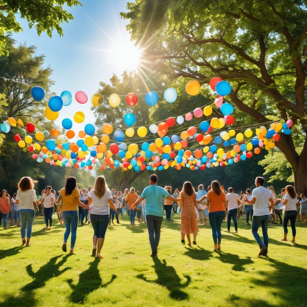 A vibrant scene at a community gathering set in a lush green park, featuring diverse groups of people engaging in joyful activities like dancing, laughing, and sharing food. Colorful decorations like balloons and banners create a festive atmosphere, with a sense of togetherness highlighted by smiling faces and warm interactions. The backdrop includes trees, a clear blue sky, and sunlight filtering through the leaves, signifying a blissful and harmonious environment. super-realistic. vibrant colors. 3D.