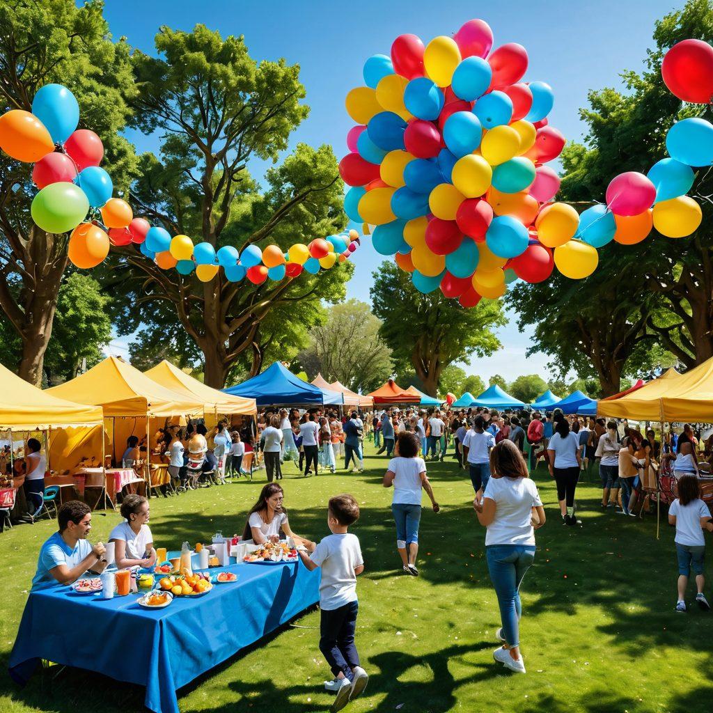 A vibrant community gathering scene in a sunny park, showcasing diverse groups of people smiling and engaging in activities like dancing, art, and games. Colorful decorations, balloons, and food stalls enhancing the festive atmosphere, with children running and playing. The backdrop features a beautiful landscape and a clear blue sky, evoking feelings of joy and togetherness. super-realistic. vibrant colors. 3D.