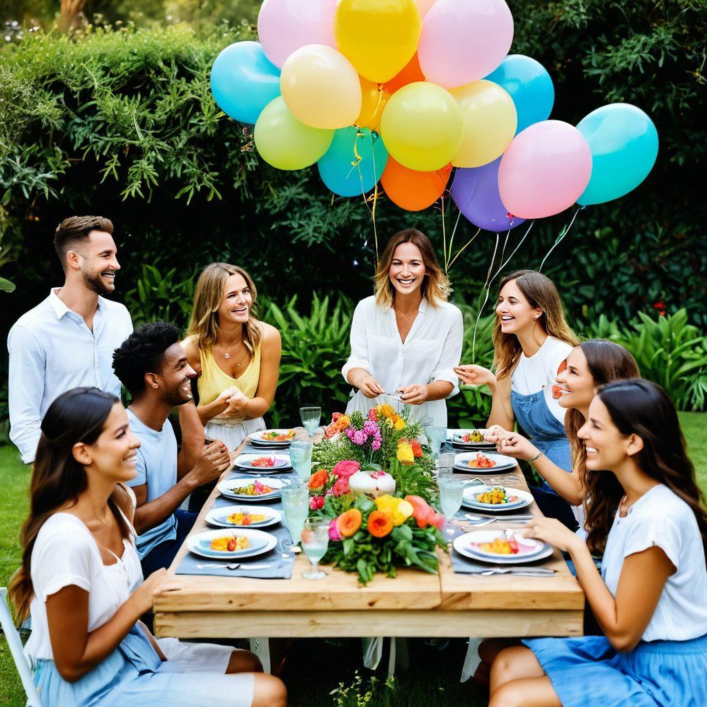 A lively scene of diverse friends joyfully gathered around a beautifully set table in a lush garden, surrounded by colorful decorations, laughter, and shared moments. Include elements like balloons, fairy lights, and a delicious feast to evoke a sense of merriment and connection. Showcase expressions of happiness and warmth among the group, emphasizing the theme of togetherness. soft pastel colors. vibrant and cheerful atmosphere.
